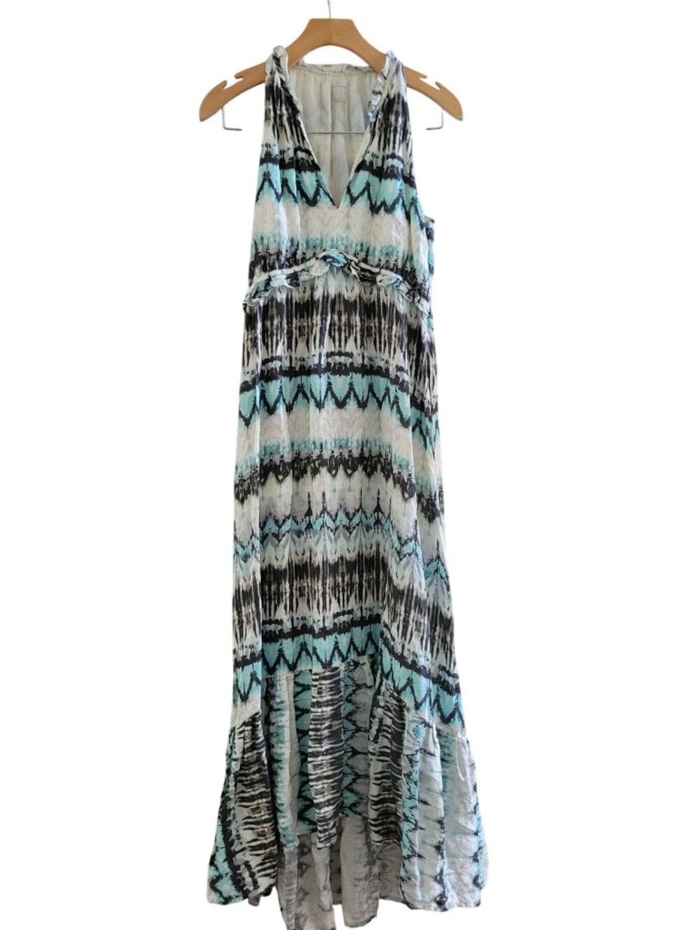 120% Lino Linen Womens White Blue Ikat Tiered Maxi Dress size 6 Italian size 42